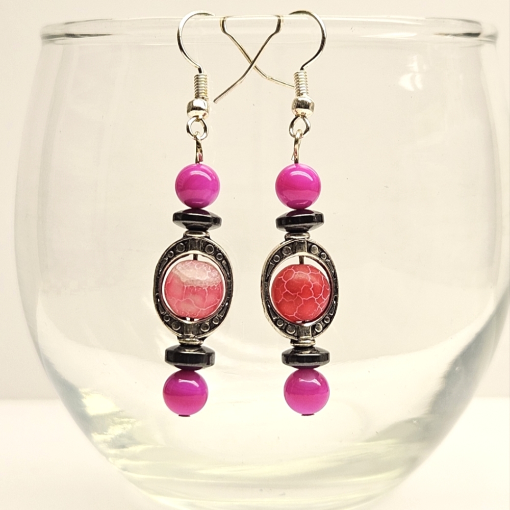 Pink and Silver Beaded Earrings